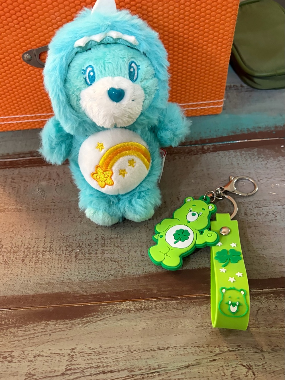 2023 Care Bears; Wish Bear Dinosaur Hoodie bag clip and Good Luck Bear keychain